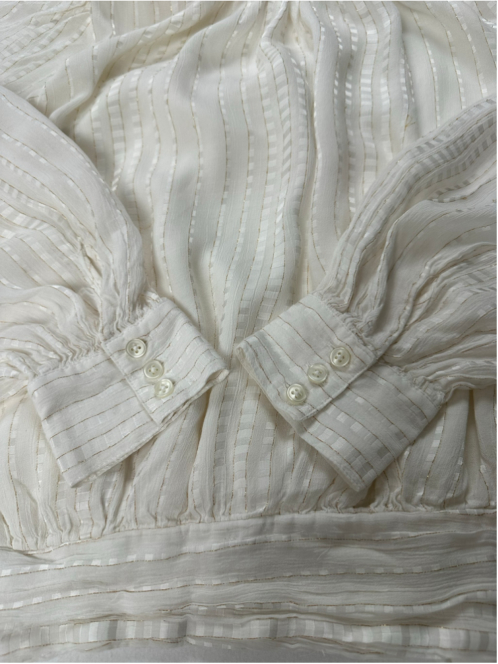 Ann Taylor Small Ivory Metallic Stripe High Neck Puff Sleeve Romantic Blouse - Picture 8 of 13
